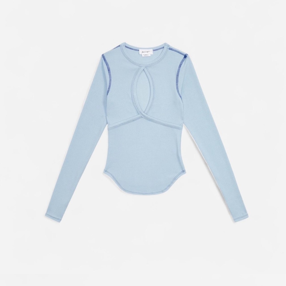 The Line by K Blue Ribbed Cutout Top M/L ||Balletcore Feminine Clean Girl NWOT - Picture 2 of 3